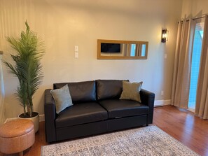 A black leather sofa with two cushions, a potted plant, a wooden-framed mirror, and a patterned rug in a living room with wooden flooring. - Nordic Charley - A/C - Mezzanine on 2nd floor - Mountain & lake view (Mont-Tremblant)