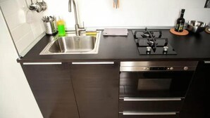 Una cocina moderna con un lavamanos de acero inoxidable, una estufa a gas y un horno empotrado.
