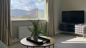 Une pièce avec une grande fenêtre, un téléviseur, un radiateur, une petite table avec un plateau et une plante.