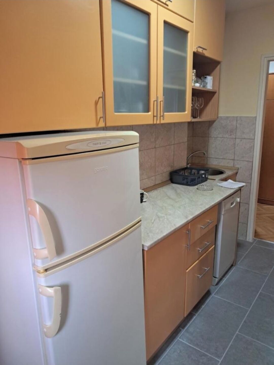 Een kleine keuken met een koelkast, een wastafel en houten kastjes.
