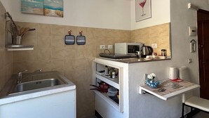 Uma cozinha compacta com pia, micro-ondas e um pequeno balcão. Há dois porta-toalhas na parede e uma prateleira com utensílios de cozinha.
