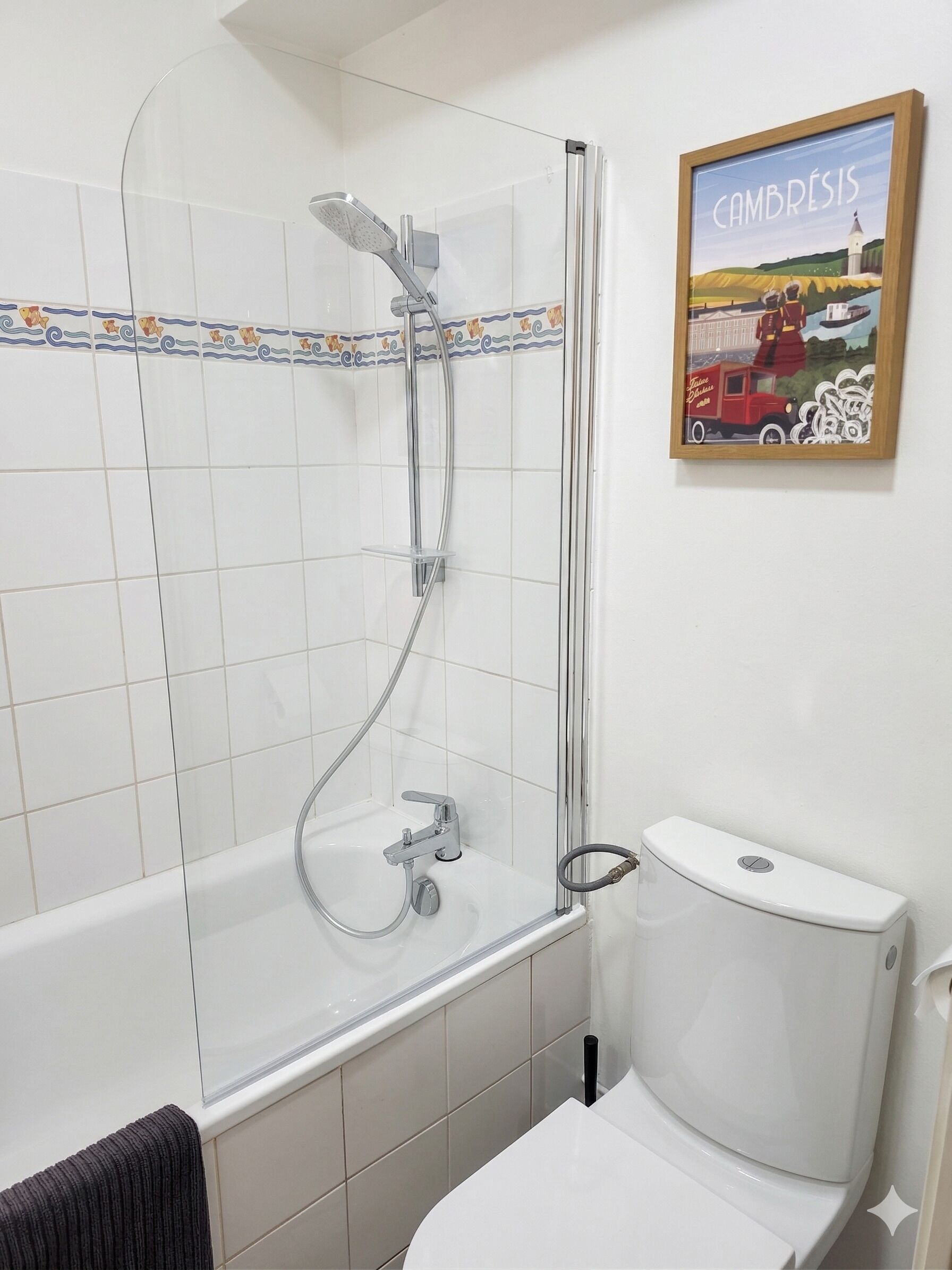 A bathroom with a shower, toilet, and a framed picture on the wall.