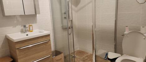 Douche, séchoir à cheveux, serviettes fournies, savon
