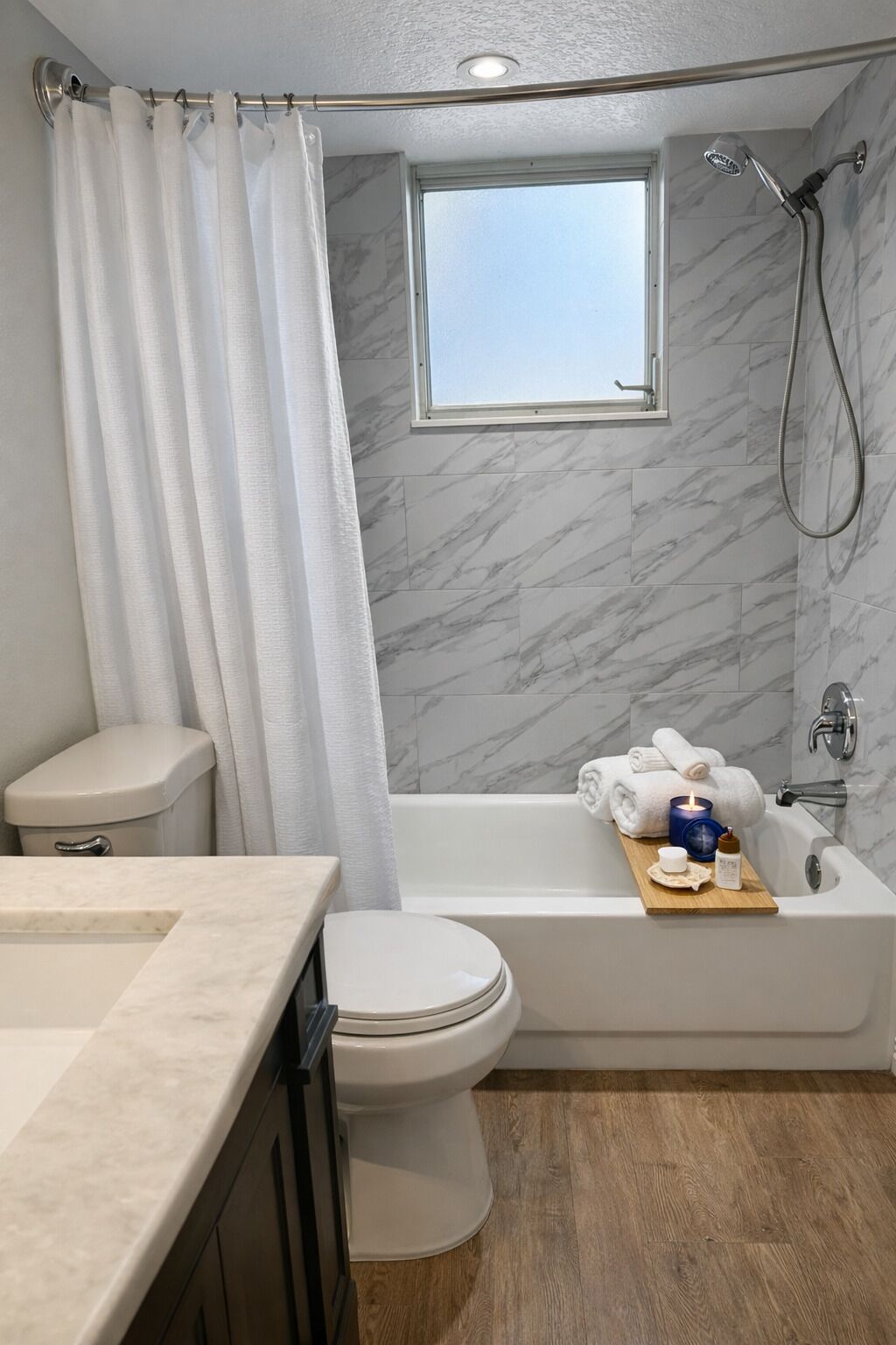 Hair dryer, towels, soap, toilet paper