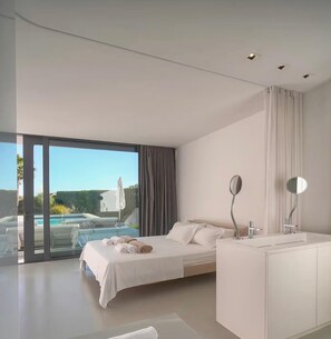 A modern bedroom with a bed, a vanity with a mirror, and a view of a swimming pool. - Villa De La Rampe (Provence-Alpes-Côte d'Azur)
