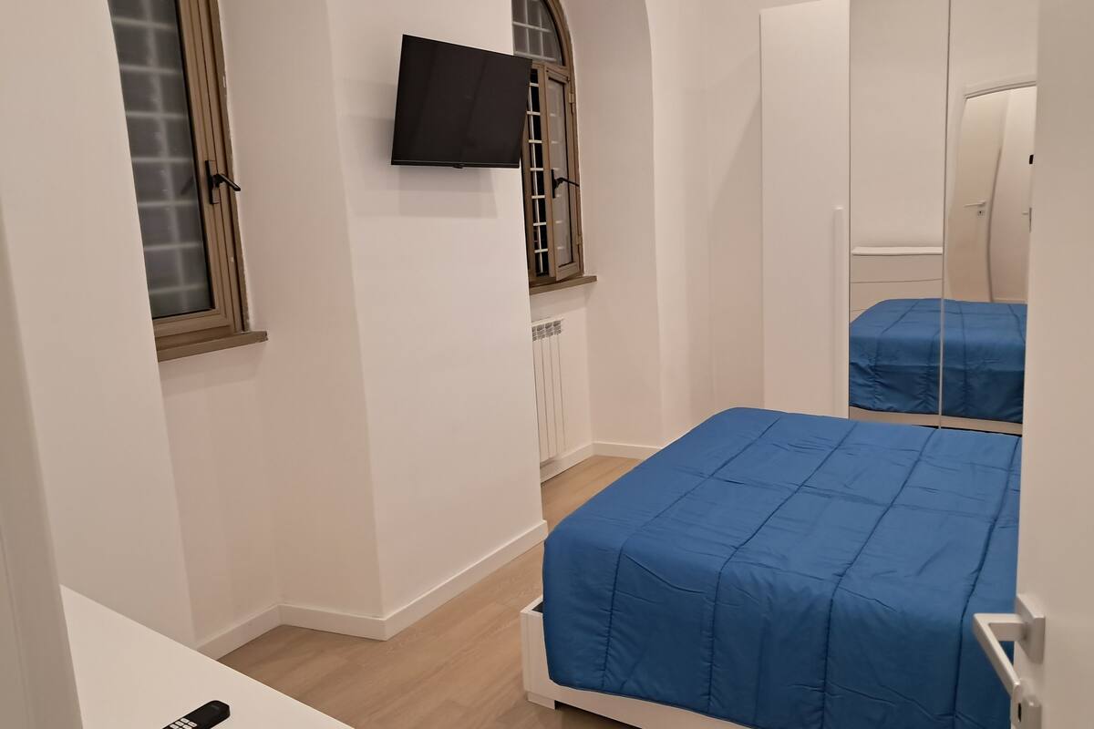 A bedroom with a bed, a television, a window, and a mirror.