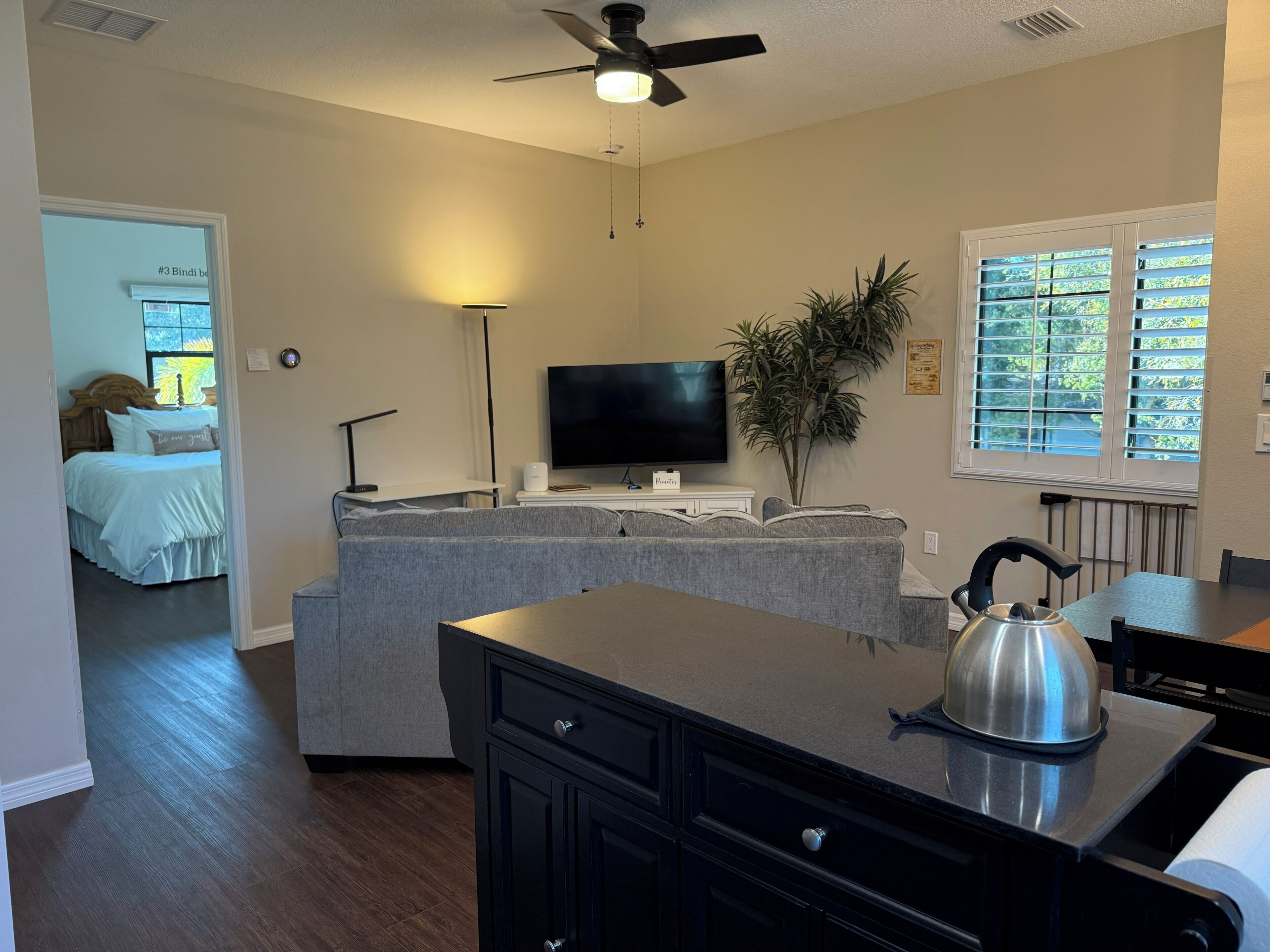 A modern living room with a grey sofa, a flat-screen TV, a ceiling fan, a large window with blinds, and a kitchen area with a kettle.