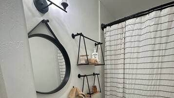 Hair dryer, towels, soap, toilet paper