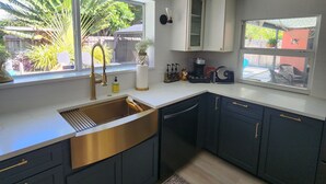 Una cocina moderna con un lavamanos de acero inoxidable, armarios oscuros, una ventana con vistas a la vegetación y una lámpara en el techo.