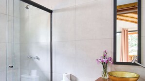 A bathroom with a glass shower enclosure, a white toilet, a wooden vanity with a bowl sink, and a mirror.