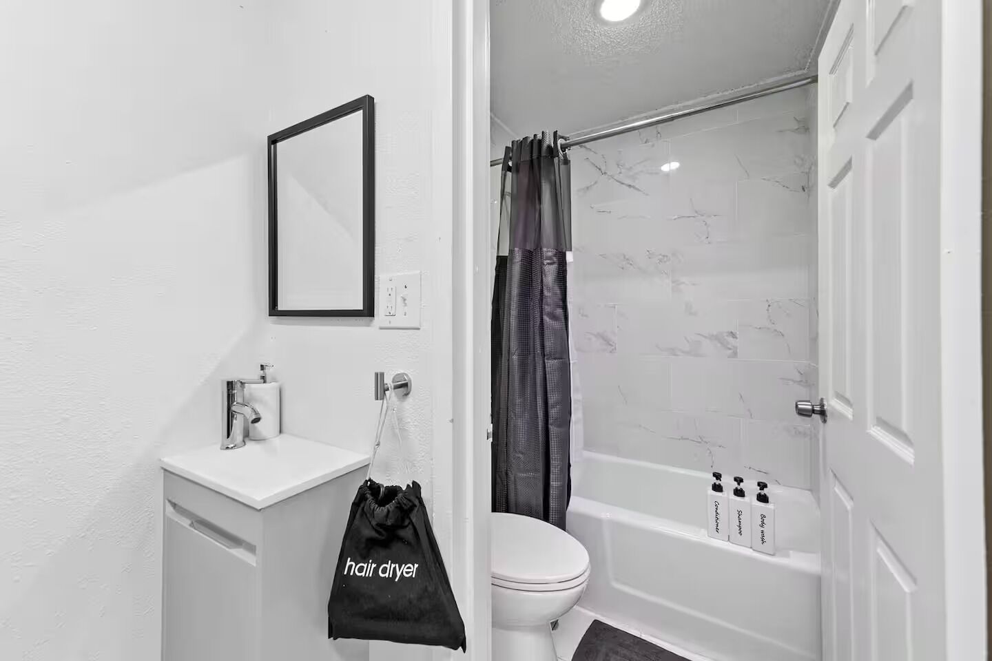 Hair dryer, towels, soap, toilet paper