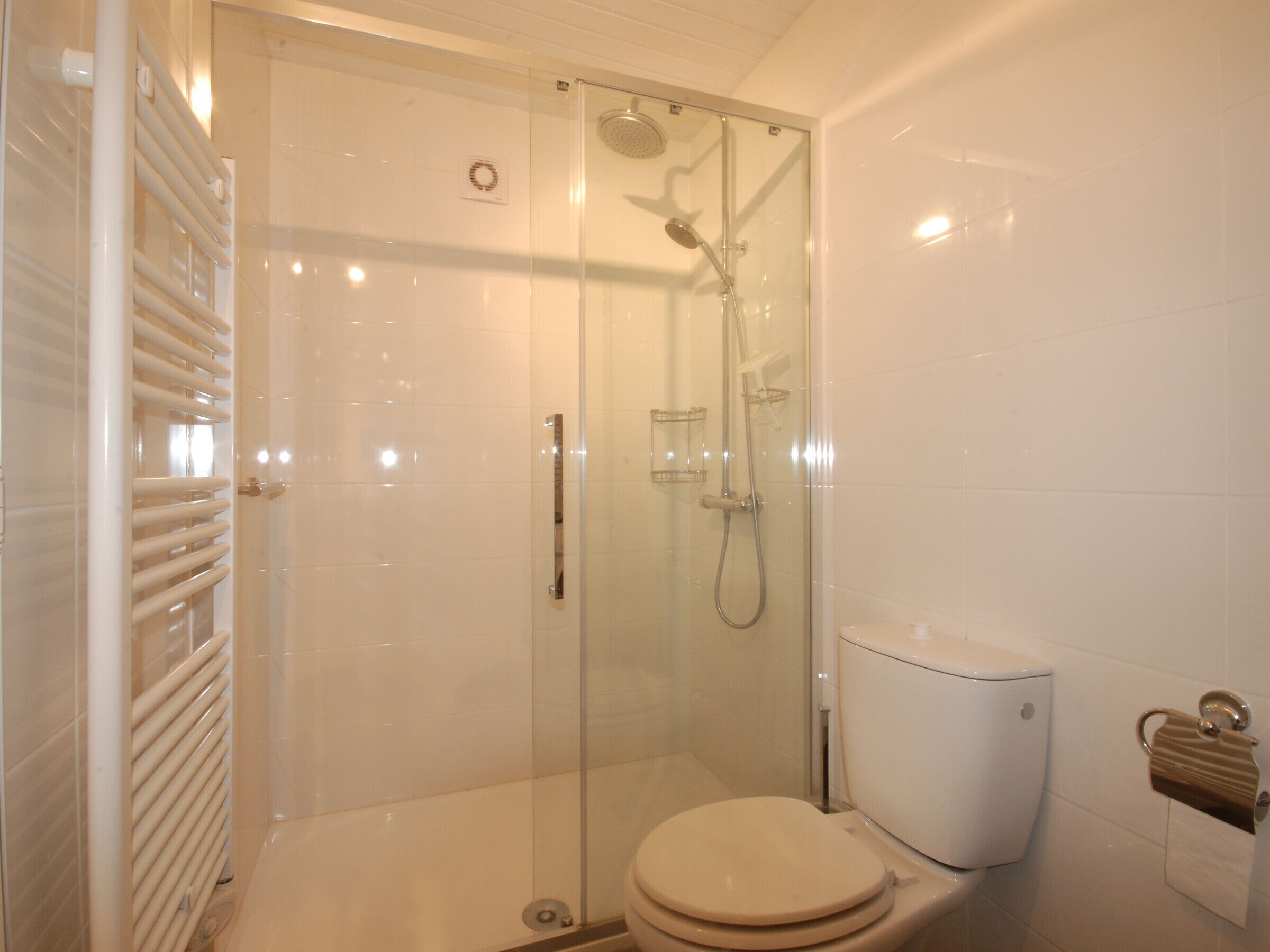 A bathroom with a glass-enclosed shower, a toilet, and a towel rack.