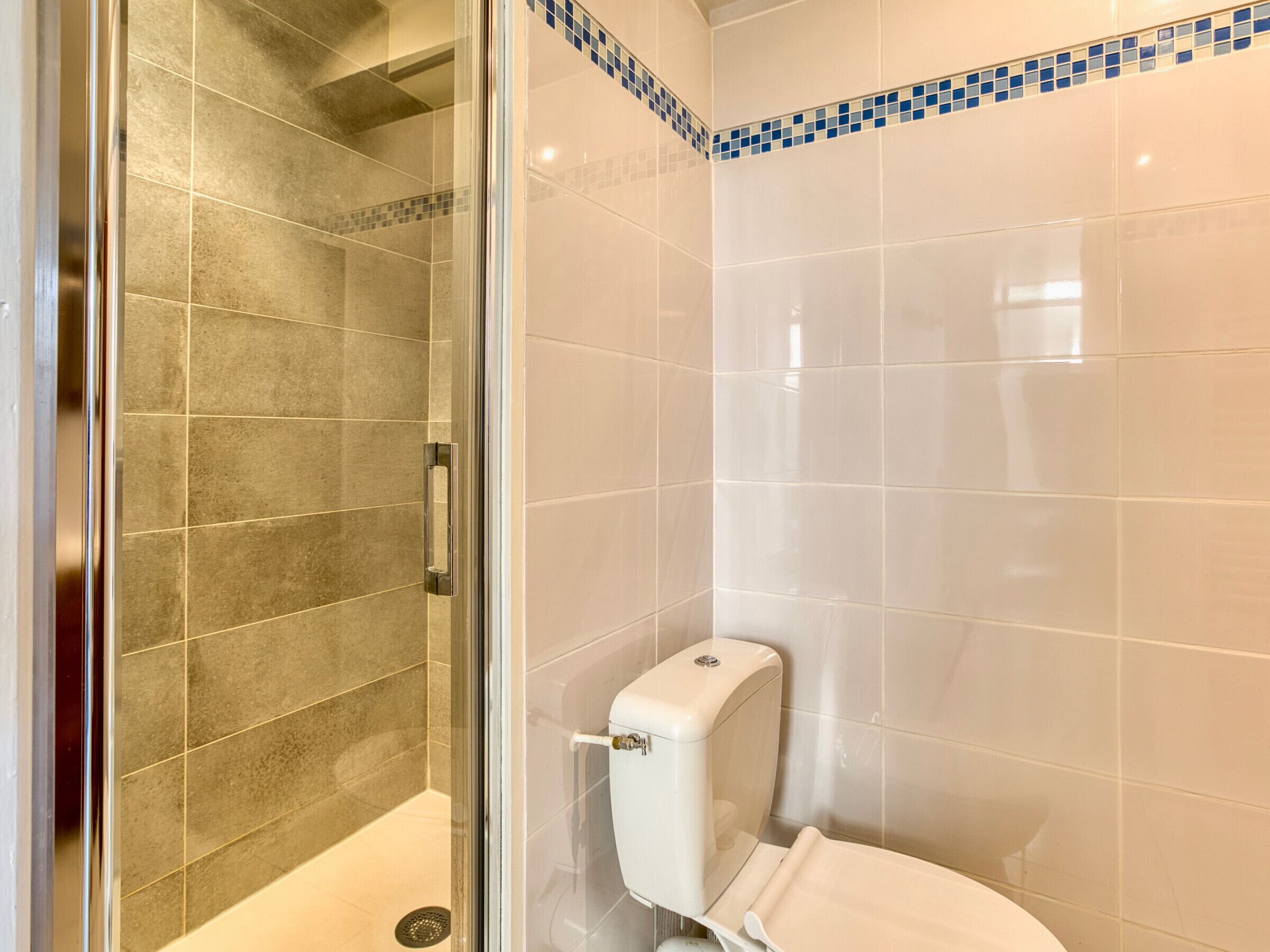 Une salle de bain avec une douche à parois de verre, des toilettes et des murs carrelés.
