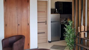 Un salon moderne avec une porte en bois, un fauteuil en cuir marron et un coin cuisine comprenant un réfrigérateur et des placards.