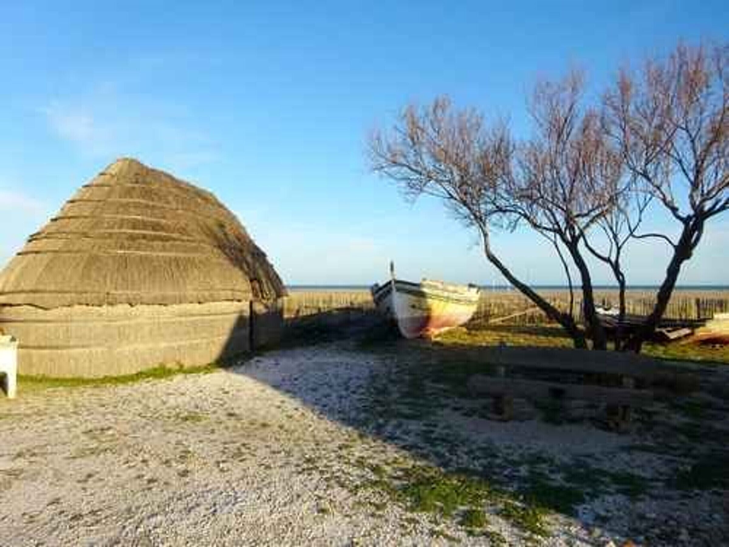 Een traditionele rieten hut, een boot en een kale boom in een kustlandschap.