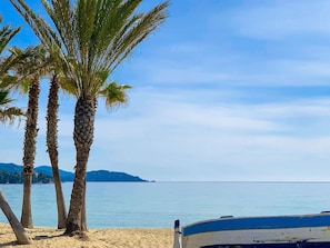 A beach with palm trees and a boat named "LE LAVANDE" on the sand. - Apartment with pool and parking - 4 guests (Le Lavandou)