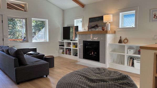 A living room with a fireplace, a sofa, a TV, and a bookshelf.