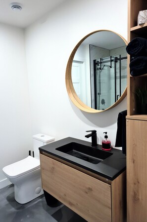 Regadera, toallas, papel de baño 