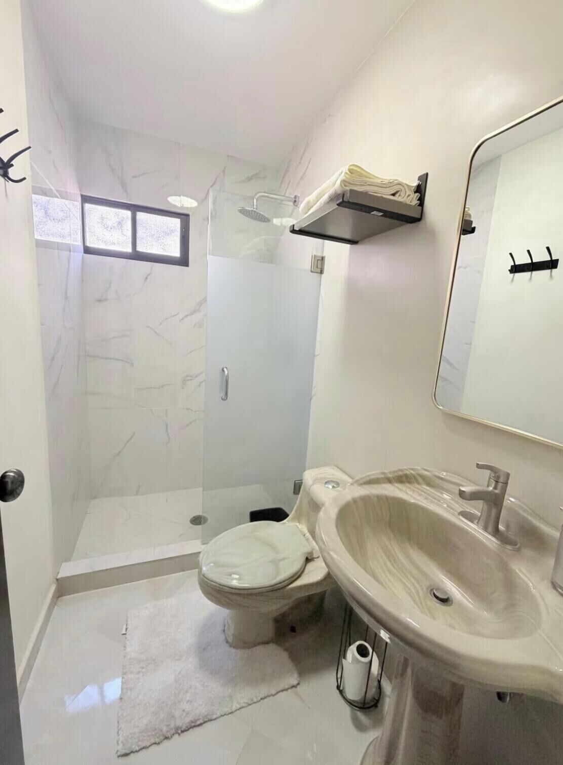Hair dryer, towels, soap, toilet paper