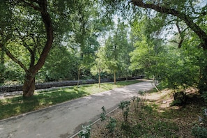 A paved pathway in a park with trees and a stone wall. - Arch Hostel – Male Guests Only (Almaty)