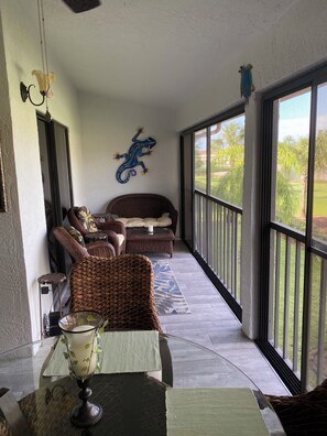 Interior - Golf and lake view. Social community with restaurant, tennis, & golf. Furnished. (Fort Myers)