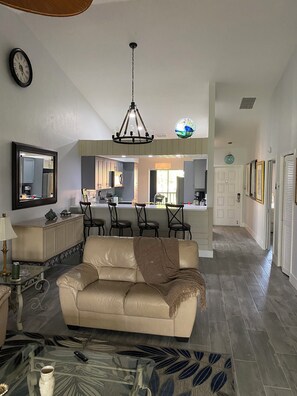 Interior - Golf and lake view. Social community with restaurant, tennis, & golf. Furnished. (Fort Myers)