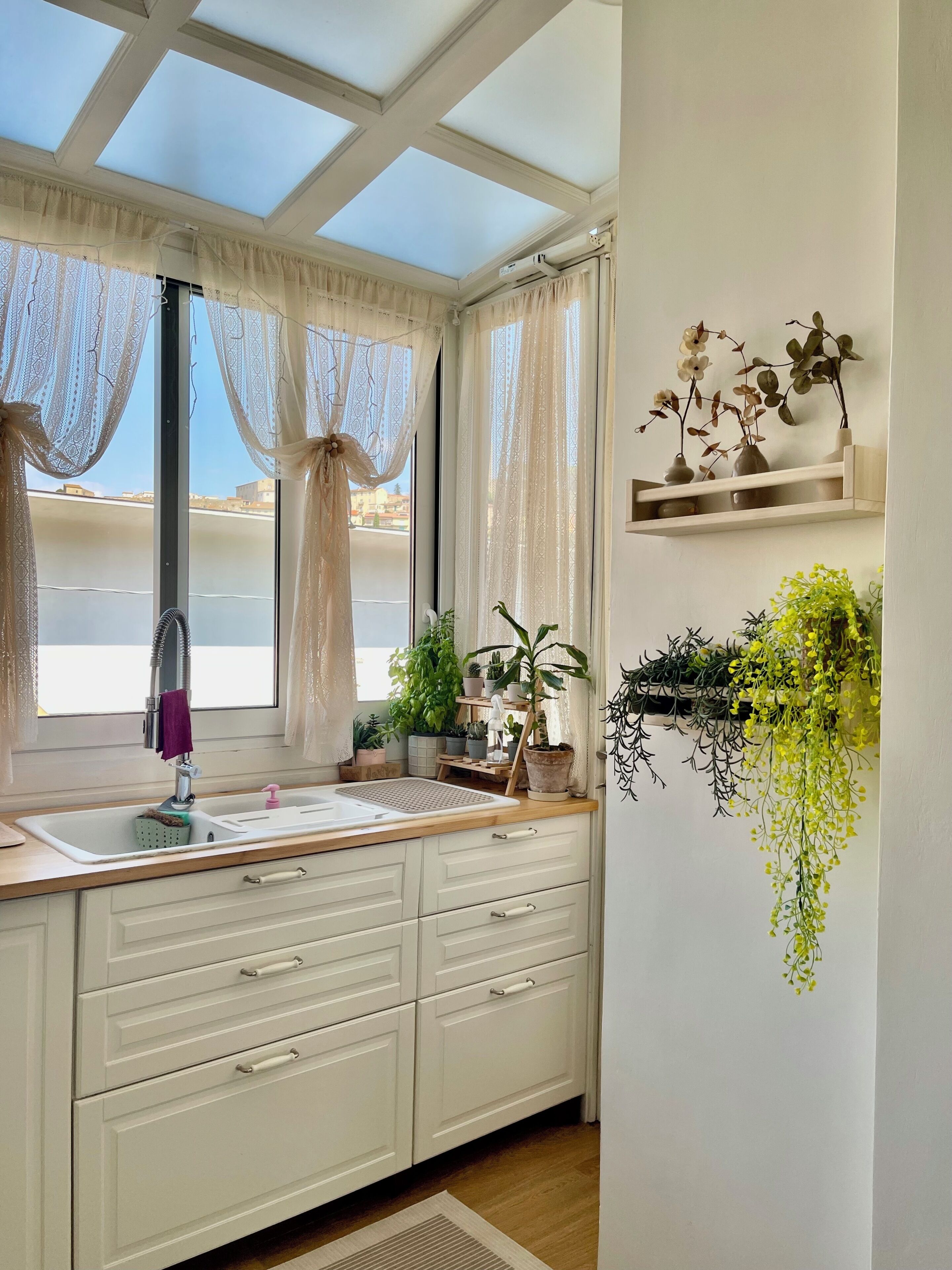 A kitchen with a window, a sink, cabinets, and potted plants.