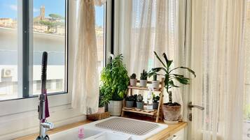 Hair dryer, bidet, towels, soap