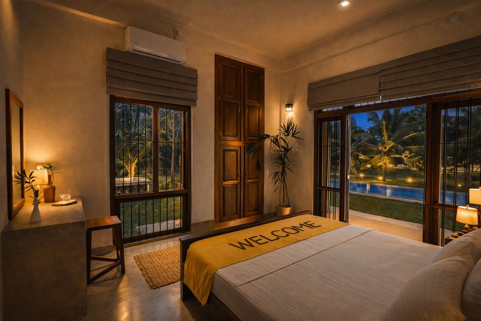A bedroom with a bed, a bedside table, a lamp, a window with a view of a pool, and a 'WELCOME' sign on the bed.