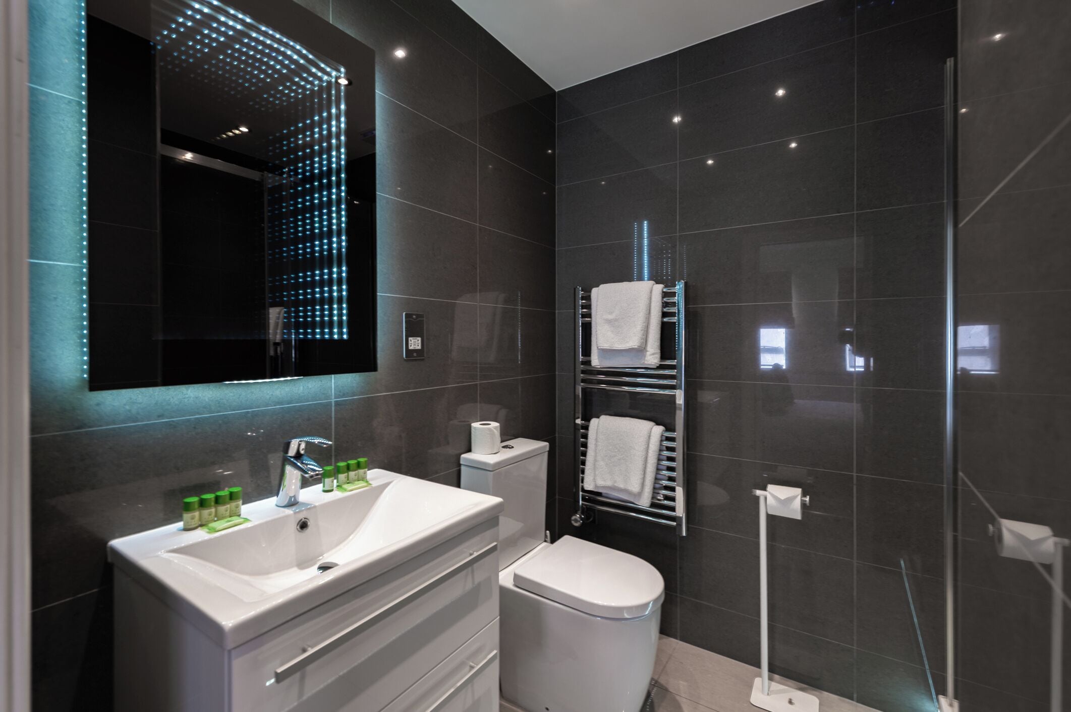 Hair dryer, towels, soap, shampoo