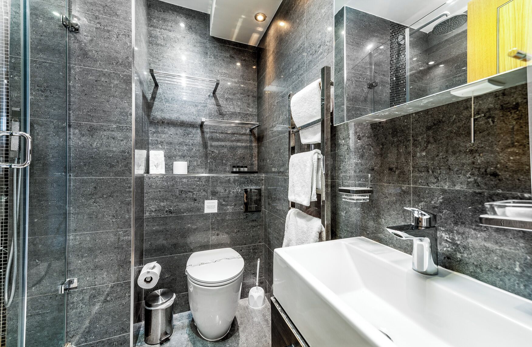 Une salle de bain moderne dotée d’une douche à parois de verre, de toilettes, d’un lavabo et d’un miroir.