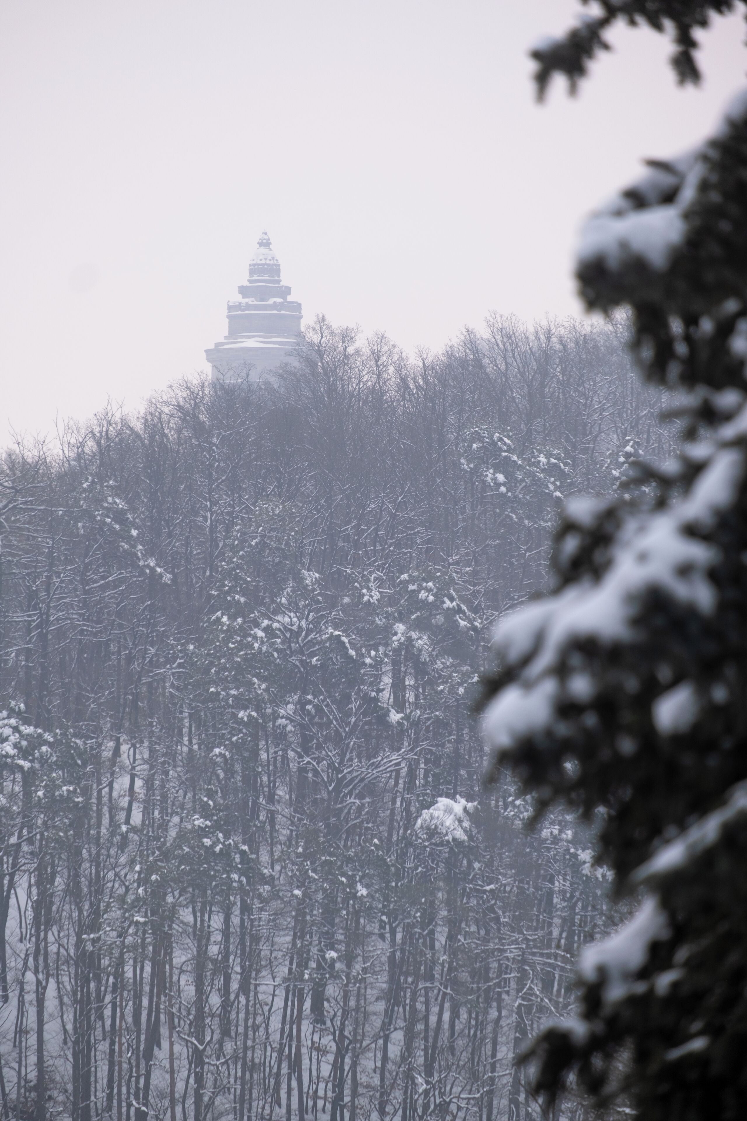 Une forêt enneigée, avec une structure ressemblant à une pagode, visible au loin.