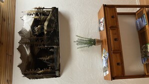 Ein Zimmer mit einem Holzkasten, einem kleinen Tisch mit Pflanze und einer Wand mit strukturierter Oberfläche.
