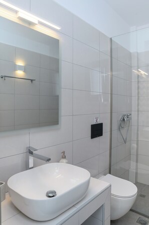 Shower, hair dryer, towels, soap