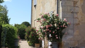 A stone building with a gravel pathway, potted plants, and a rose bush. - The Presbytery Suite (PUISSEGUIN)