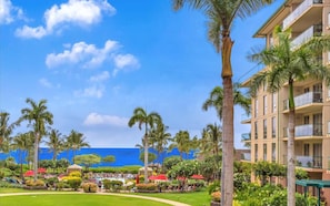 Ein Resort mit Pool, Palmen und Blick auf den Ozean.