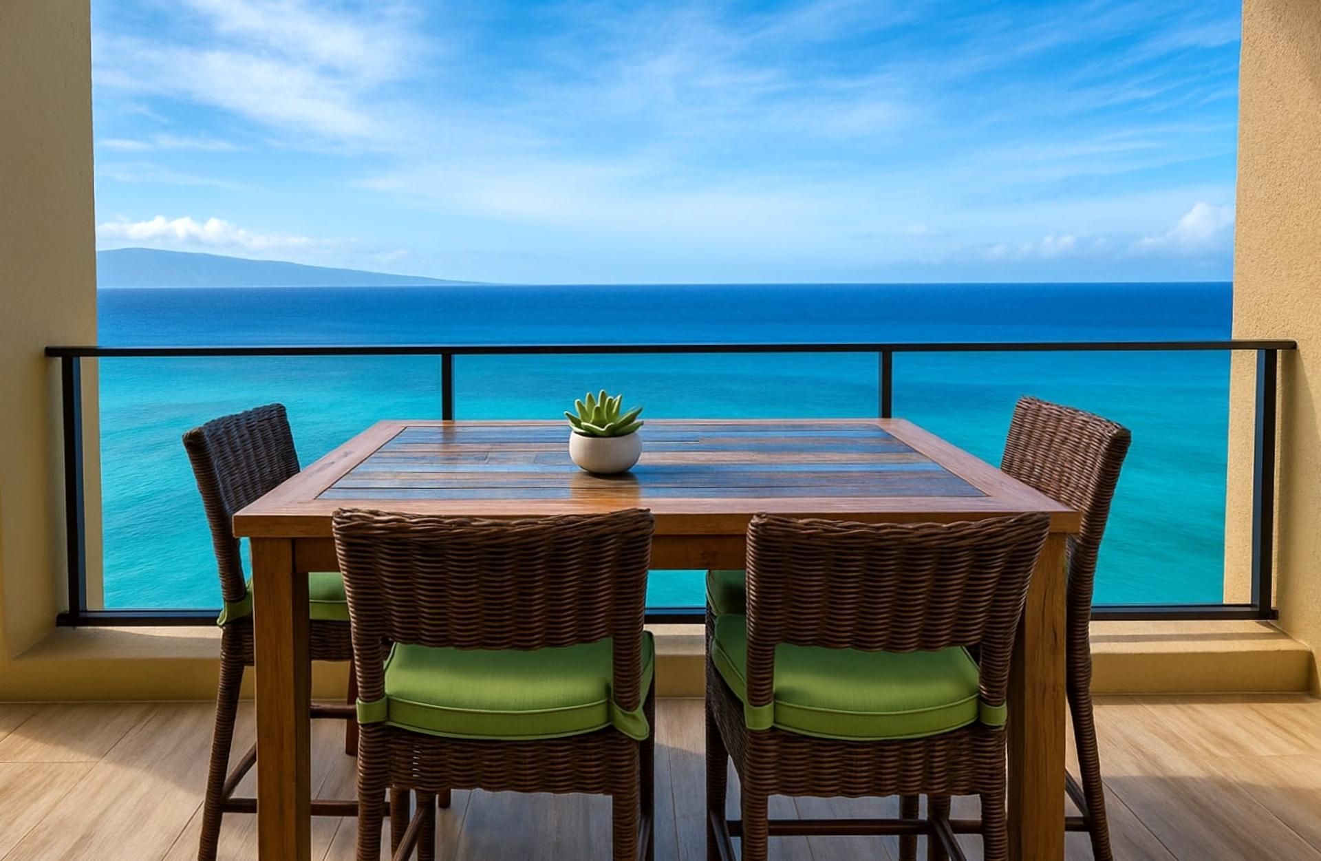 A balcony with a wooden table and wicker chairs, overlooking a clear blue sea and distant mountains.