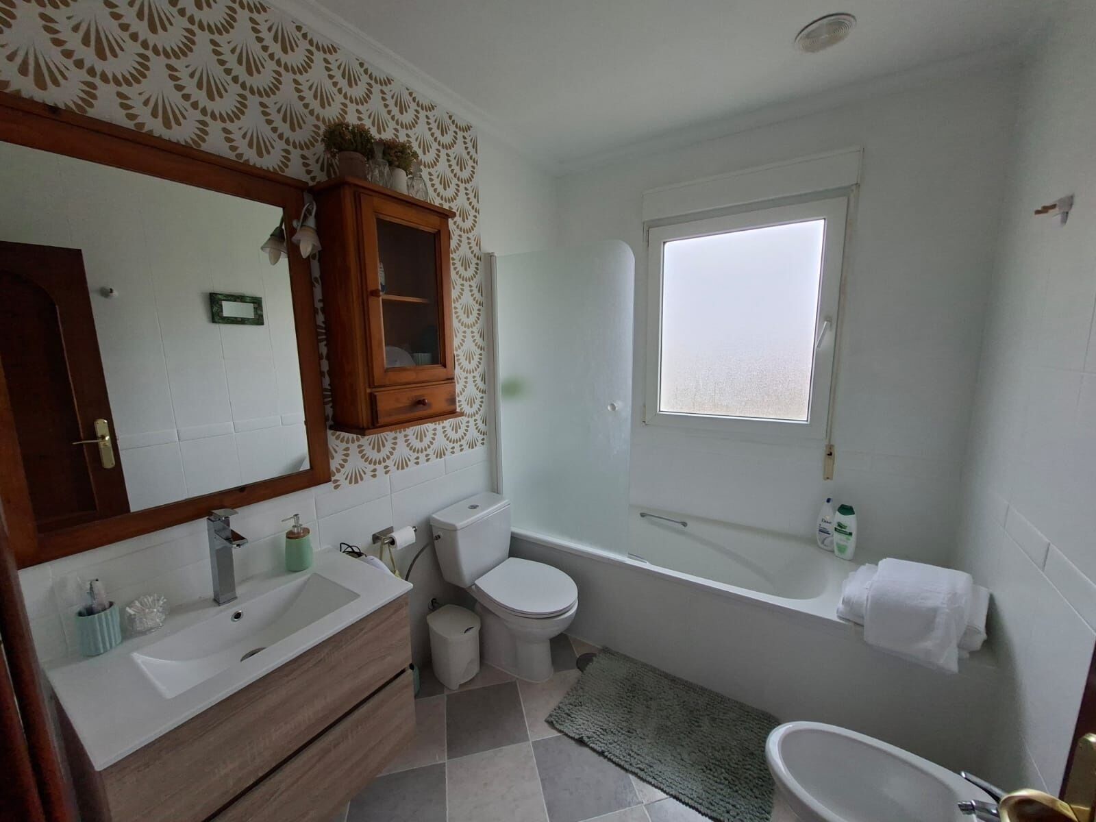 Shower, jetted tub, hair dryer, bidet