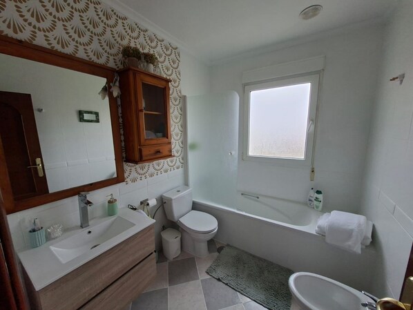 Shower, jetted bath, hair dryer, bidet