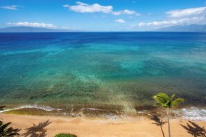 A beach with clear turquoise waters, a sandy shore, and a palm tree. - Mahana Villas | Oceanfront 7 BR Sleeps 21 | Car Incl. w/ 6+ Nights | MAH ML-3890 by KBM (Lahaina)