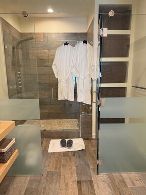 Hair dryer, towels, soap, toilet paper