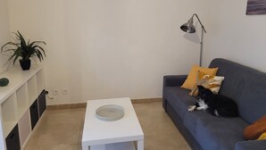 A living room with a grey sofa, a white side table, a floor lamp, a potted plant, and a small round table. - Spacious studio in residence with swimming pool close to all amenities (Mougins)