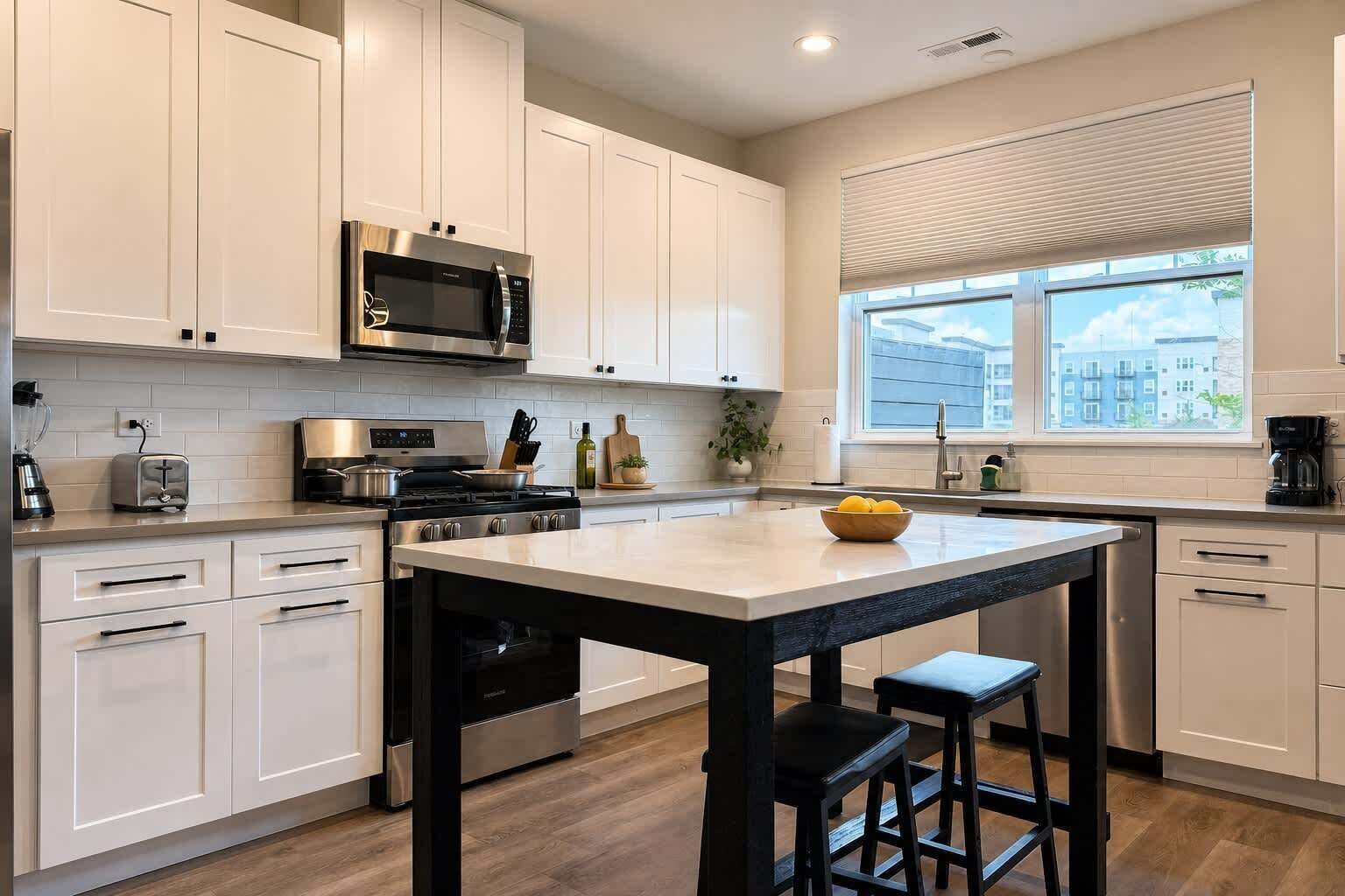 A modern kitchen with white cabinetry, a central island with stools, a microwave, a stove, and a window with blinds.