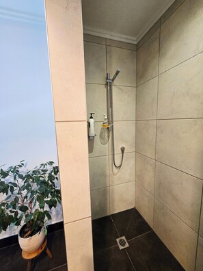 Dusche, Haartrockner, Handtücher, Seife