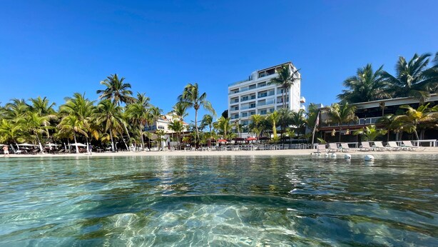 Ein freier Blick auf einen Strand mit Palmen, einem Hotel und einem Pool.