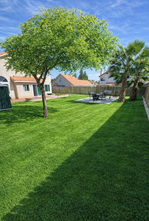 Ein gepflegter Garten mit Rasen, Holzzaun und einer Terrassenfläche.