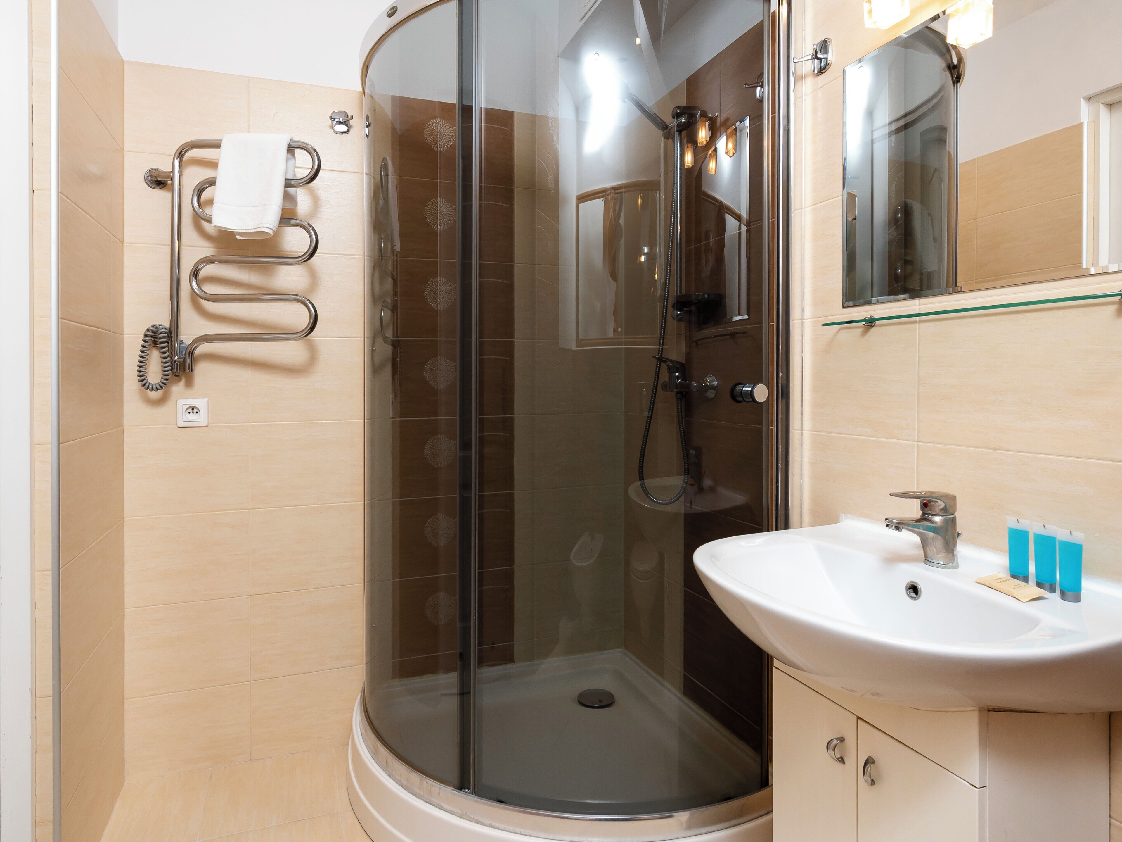 Shower, hair dryer, towels