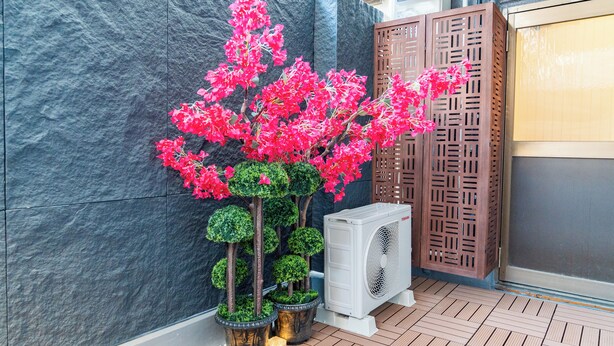 A modern indoor space with a stone wall, a decorative wooden panel, and a potted plant with pink flowers. - Lrge New Luxury Home 1 Minute walk to Station 6 Min Ride to Namba Great for USJ (Osaka)