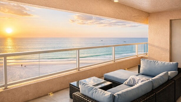 Ein Balkon mit Blick auf das Meer bei Sonnenuntergang, eine Rattan-Couch und ein Geländer.
