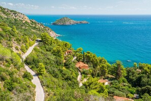 Eine Küstenstraße schlängelt sich durch eine grüne Landschaft mit Häusern und Blick auf das Meer.